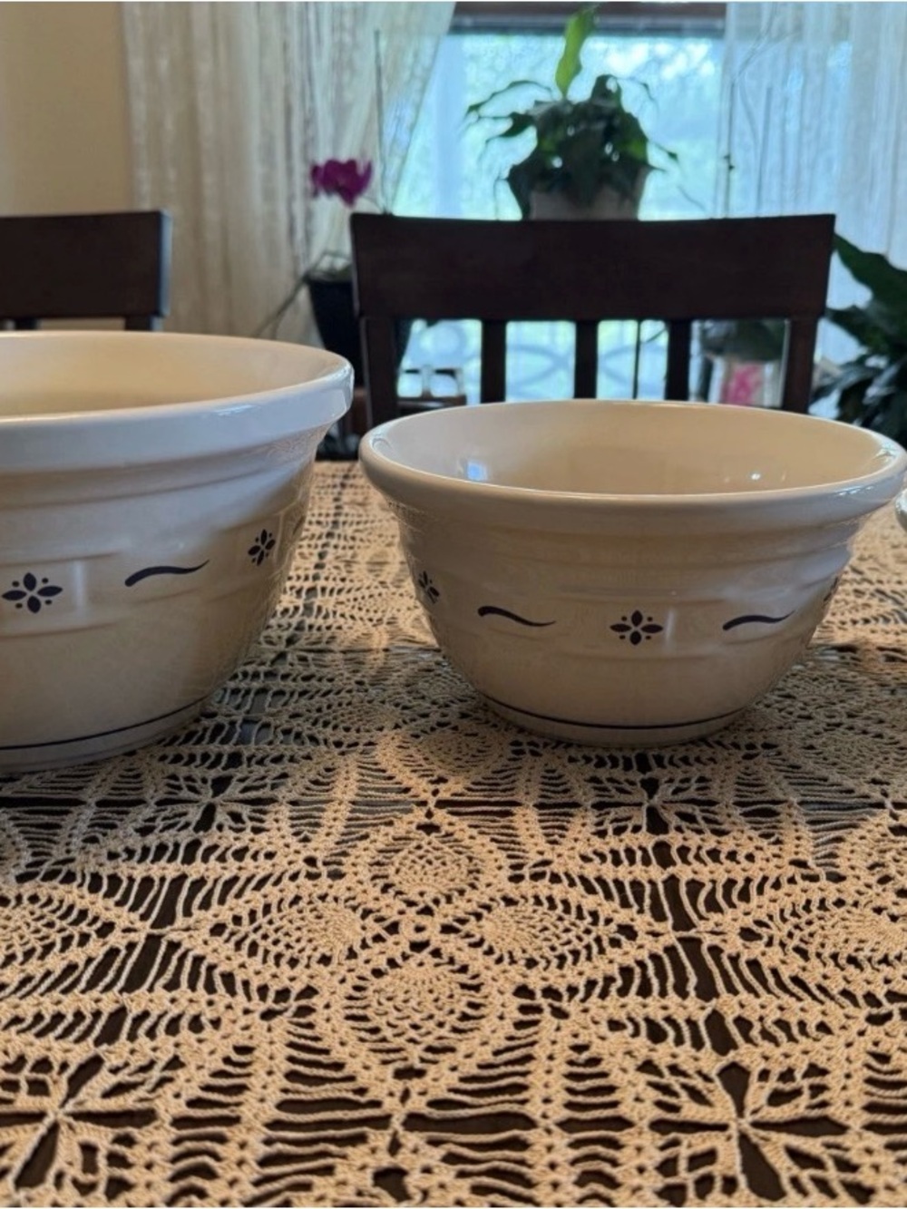 Longaberger Cream Stoneware Mixing Bowls with Blue Accents